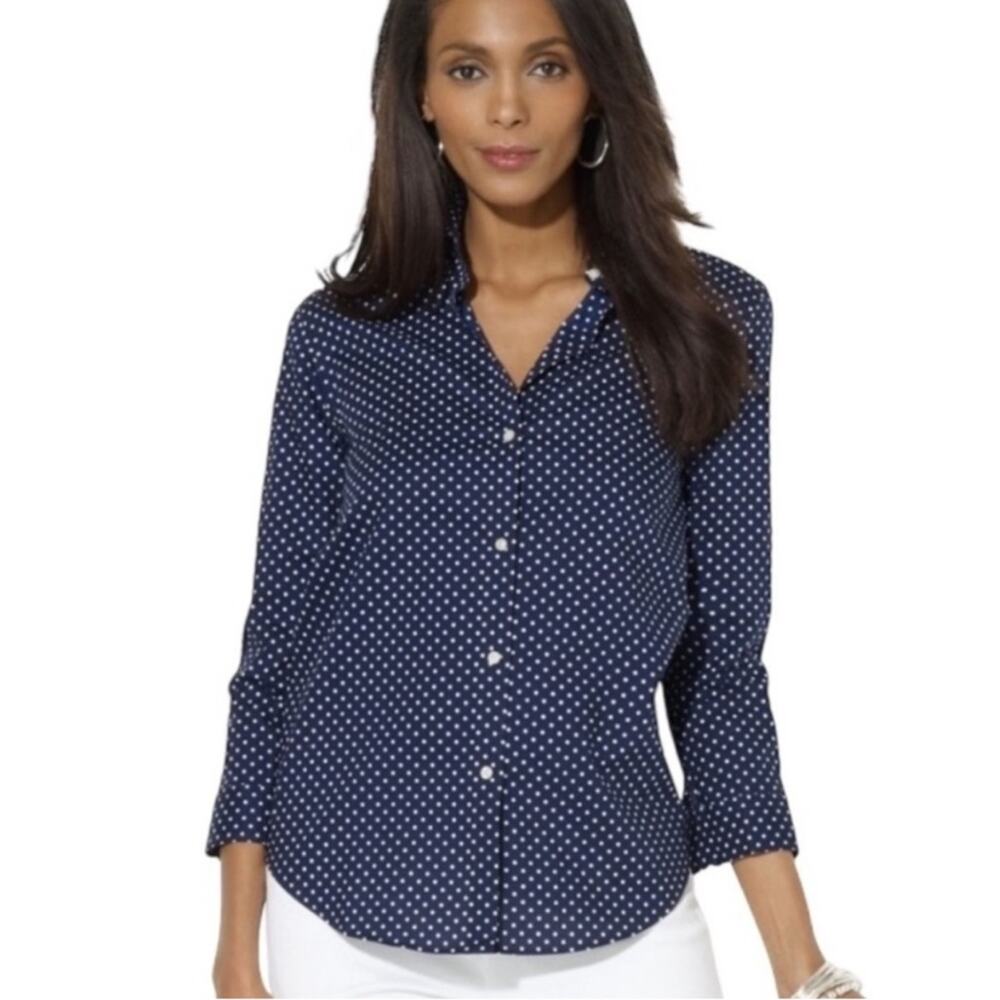 Ralph Lauren Non Iron Polka Dot Button Down Shirt Blue White 3/4 Sleeve LARGE - Picture 2 of 11